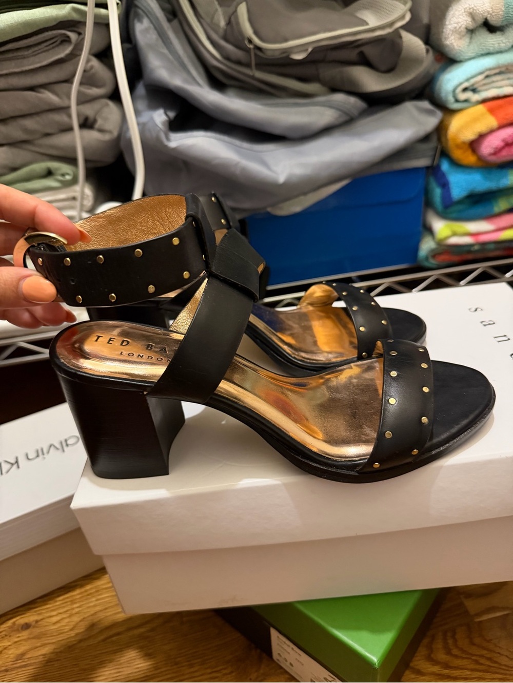 Ted Baker Black and Gold Studded Block Heel Sandals